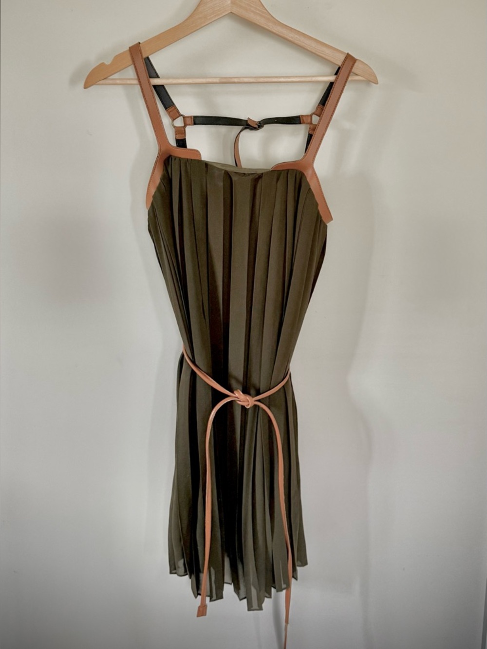 ModCloth Olive Green Pleated Mini Dress with leather Trim